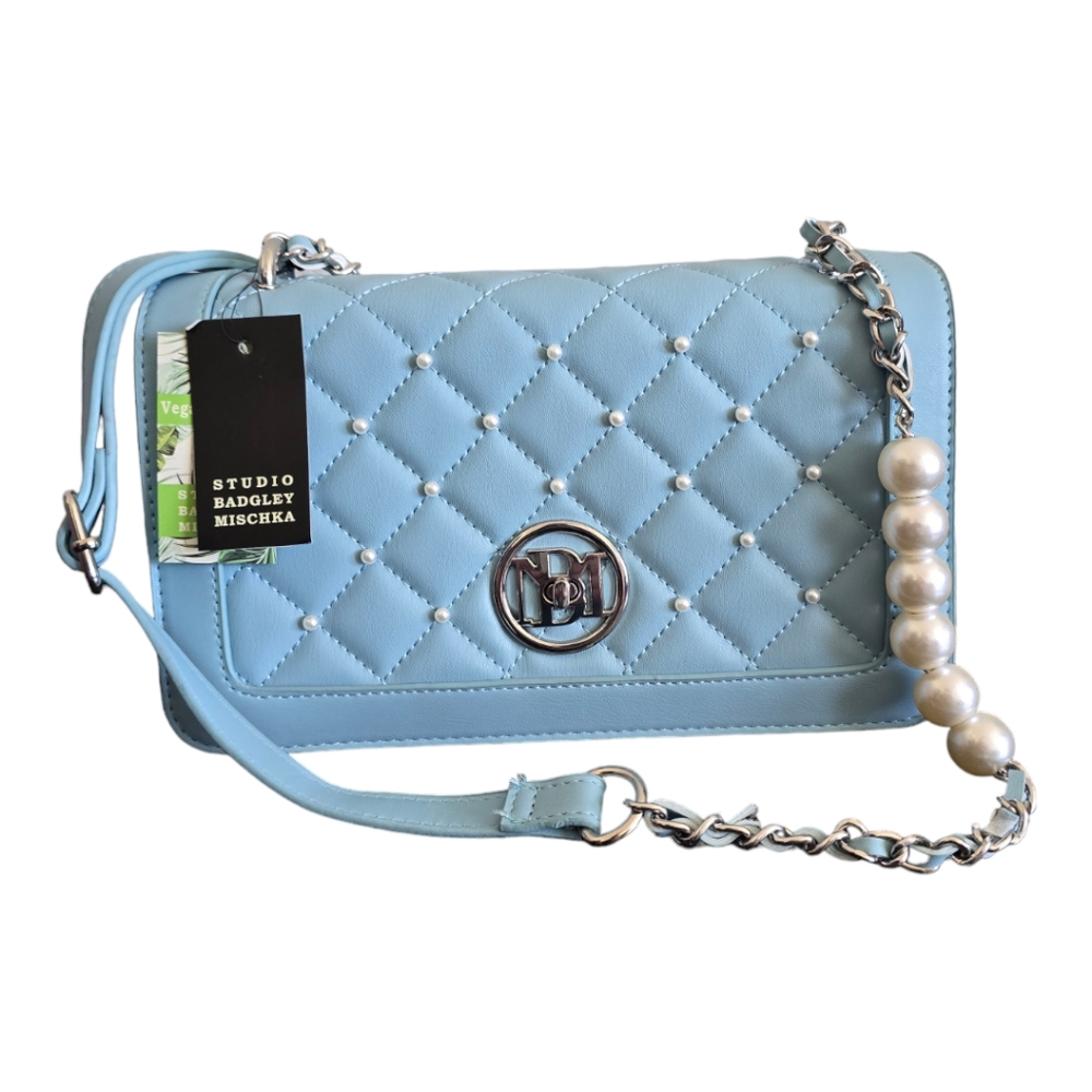 Badgley Mischka Quilted Faux Leather & Faux Pearl Crossbody Bag Light Blue